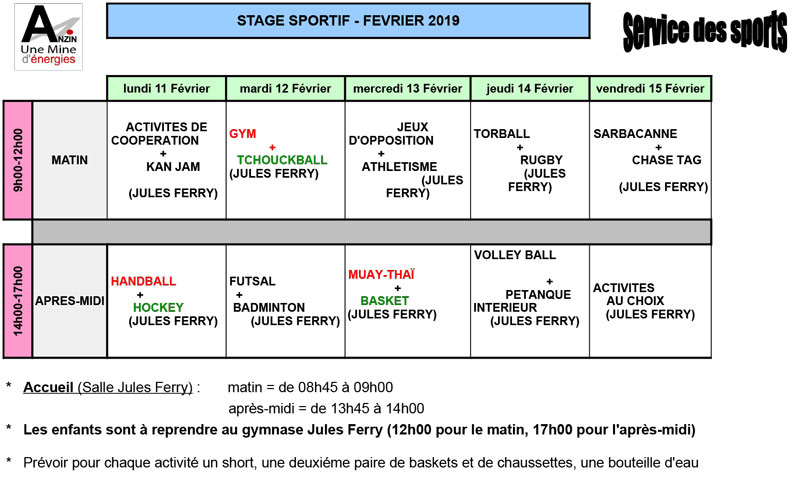 planning du stage sportif